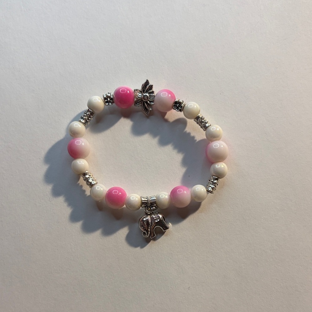 Pink and White Beaded Bracelet with Elephant Charm